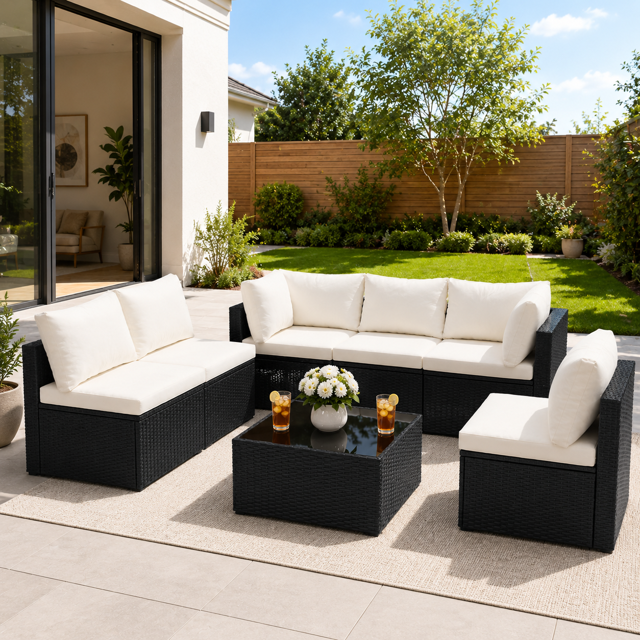 YIORTWO 7-Piece Outdoor Patio Furniture Set, Modular Wicker Sectional Sofa with 2.8" Thick Cushions, All-Weather Rattan Conversation Set with Tempered Glass Table, Black - VANELC