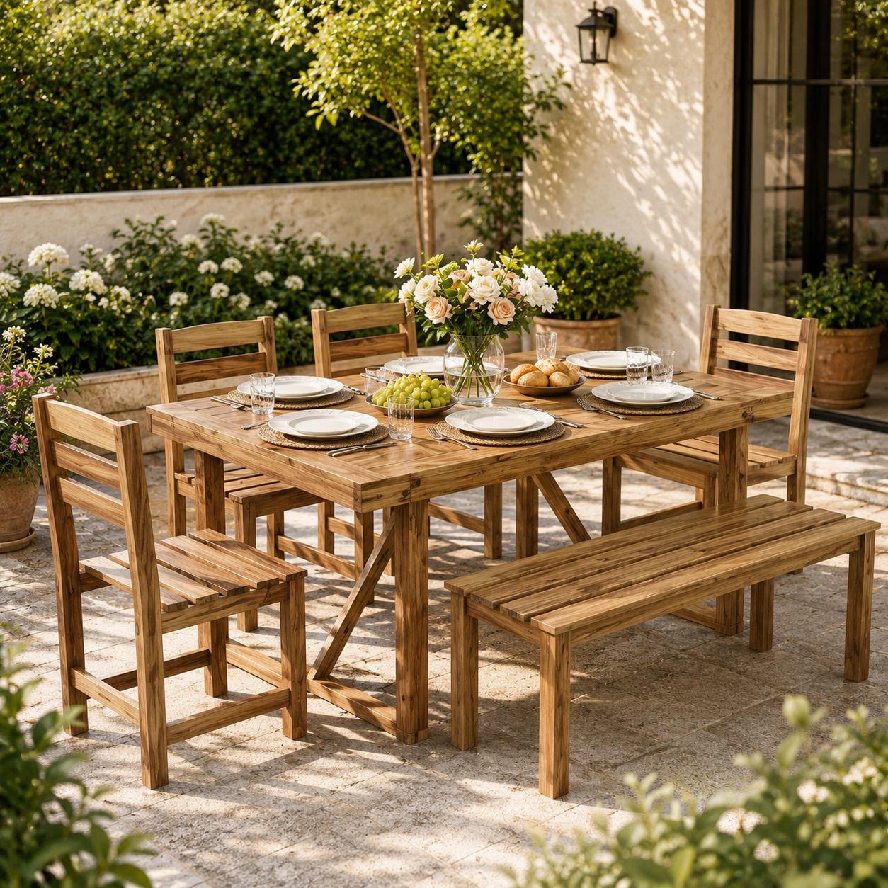 HighSound 6-Piece Outdoor Acacia Wood Dining Set, Patio Table and Chairs Set with Bench for 6-7 People, Outdoor Dining Furniture Set for Garden, Backyard and Poolside, Natural - VANELC