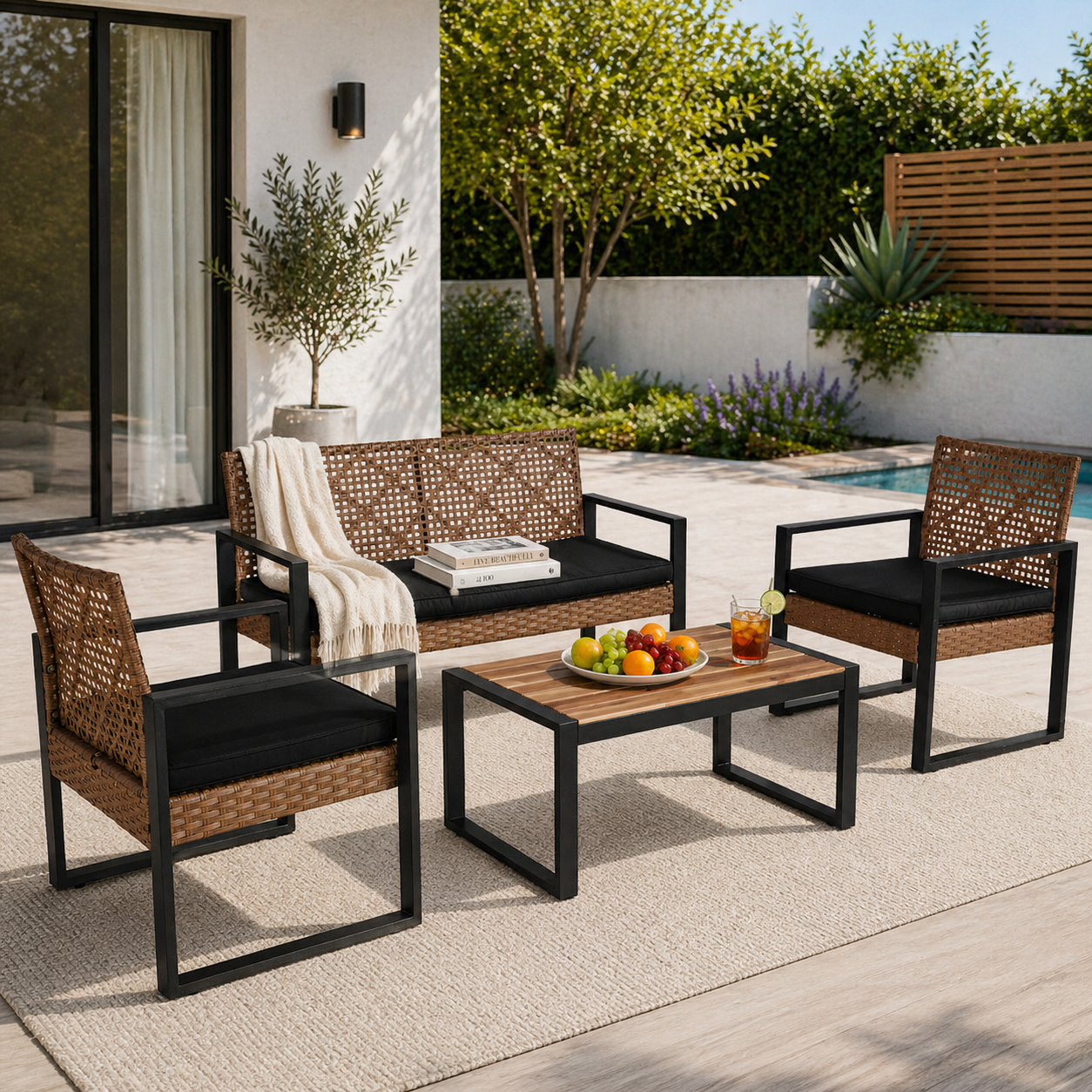 YIORTWO 4-Piece Patio Furniture Set, Outdoor Wicker Conversation Set with Acacia Wood Coffee Table and Beige Cushions, Light Brown - VANELC