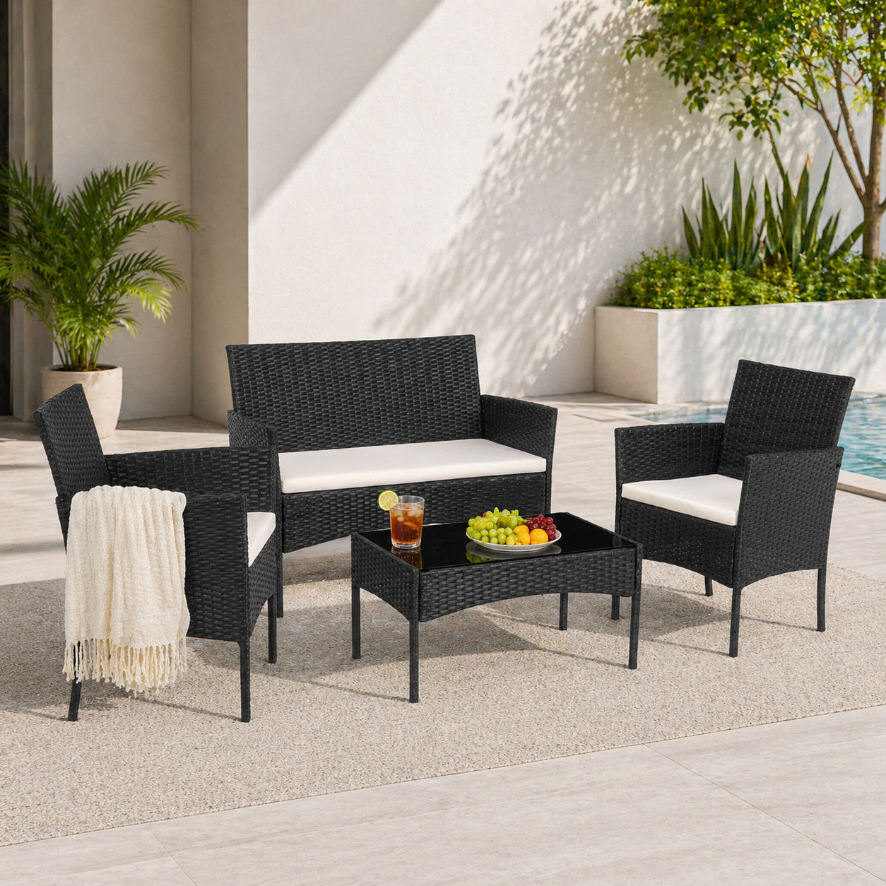 YIORTWO 4-Piece Outdoor Patio Furniture Set, Wicker Sofa Set with Thick Cushions, All-Weather Rattan Deep Seating Set with Tempered Glass Table, Black - VANELC