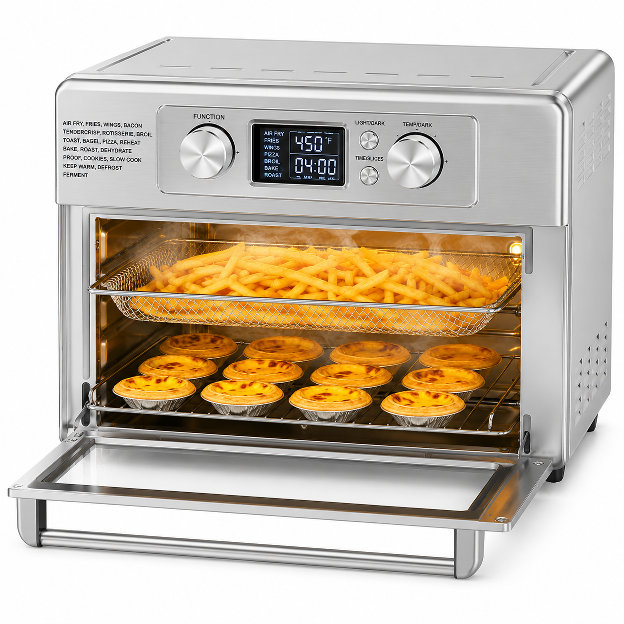 Plum Chef 23QT Air Fryer Toaster Oven Combo, 4-in-1 Countertop Convection Oven, 4 Accessories Included, Stainless, 450°F, Stainless Steel, Silver - VANELC