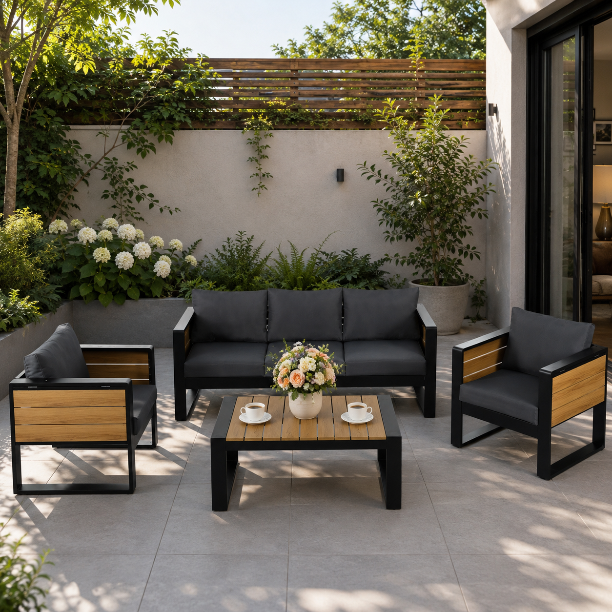 YIORTWO 4-Piece Aluminum Outdoor Patio Furniture Set, 5-Person Conversation Set with 4 Fold-Out Side Tables and WPC Tabletop, Gray - VANELC