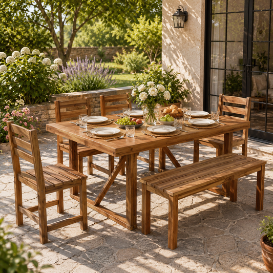 HighSound 6-Piece Outdoor Acacia Wood Dining Set, Patio Table and Chairs Set with Bench for 6-7 People, Outdoor Dining Furniture Set for Garden, Backyard and Poolside, Brown - VANELC