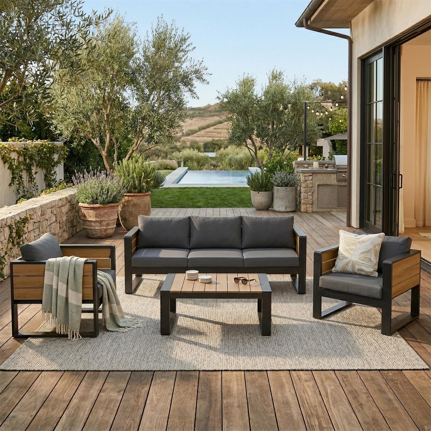 YIORTWO 4-Piece Aluminum Outdoor Patio Furniture Set, 5-Person Conversation Set with 4 Fold-Out Side Tables and WPC Tabletop, Gray - VANELC