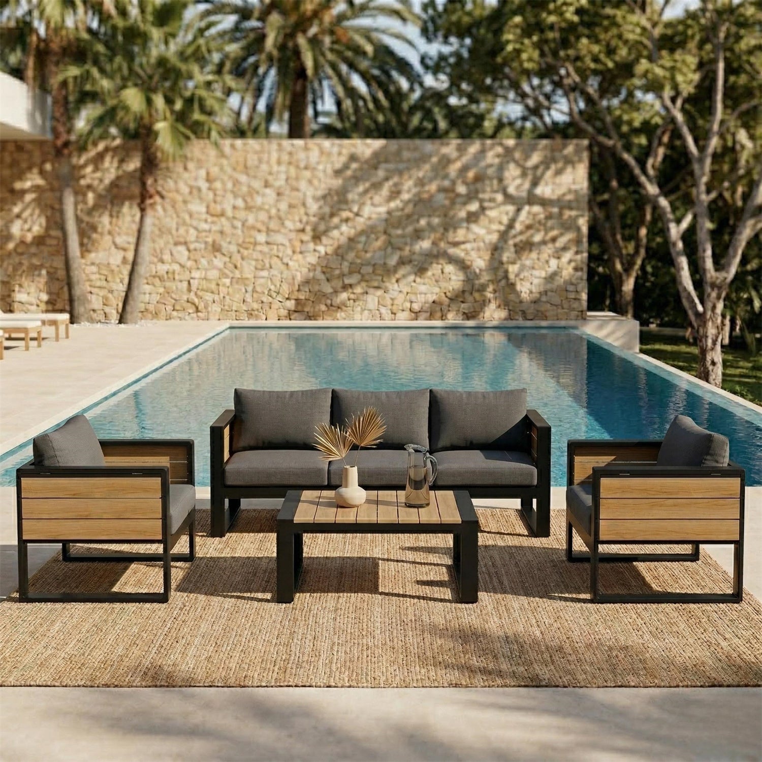 YIORTWO 4-Piece Aluminum Outdoor Patio Furniture Set, 5-Person Conversation Set with 4 Fold-Out Side Tables and WPC Tabletop, Gray - VANELC