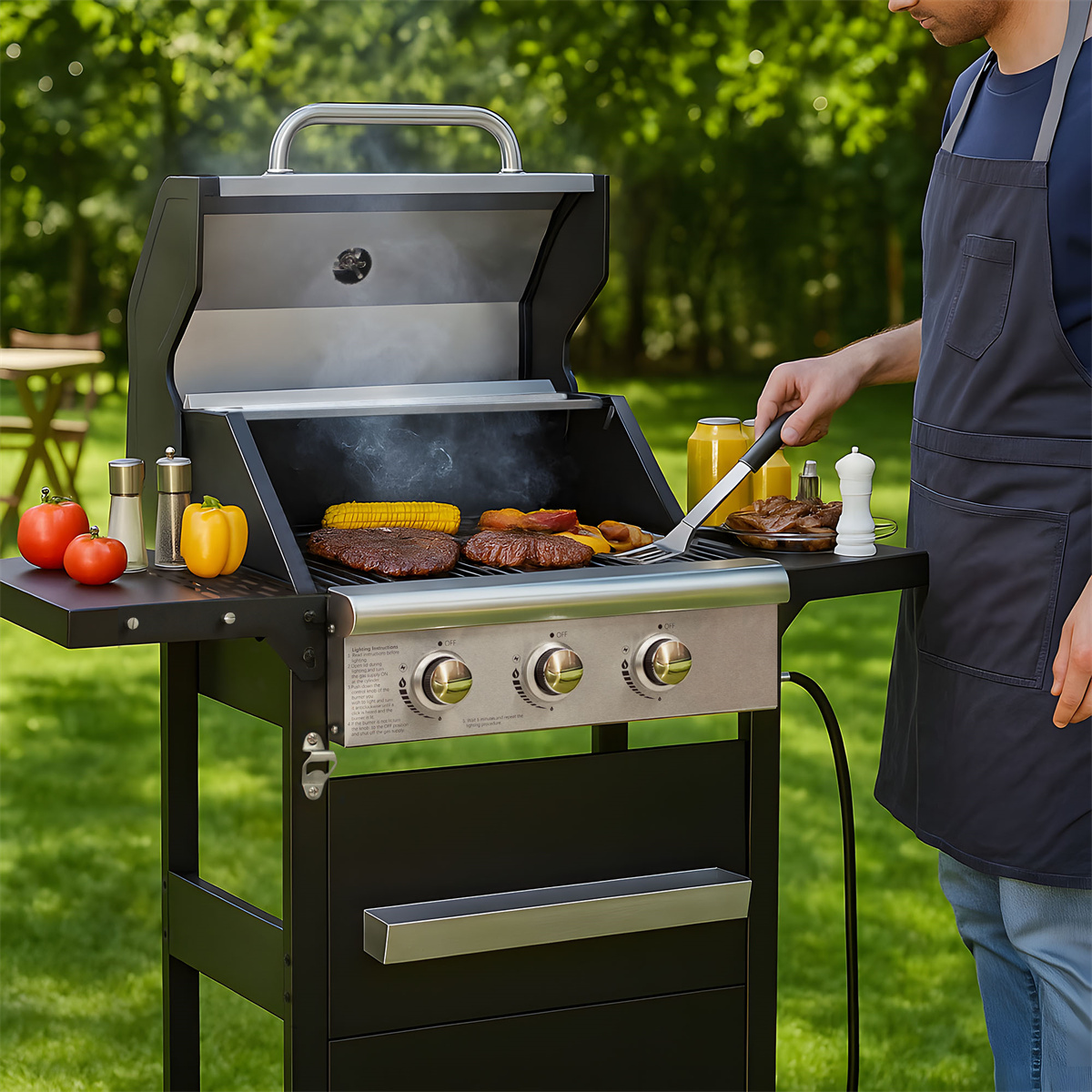 YIORTWO 3 Burner Propane Gas Grill with Cover, 27,000 BTU Outdoor BBQ with Stainless Steel Lid & Storage Cabinet, Portable for Patio & Camping - VANELC