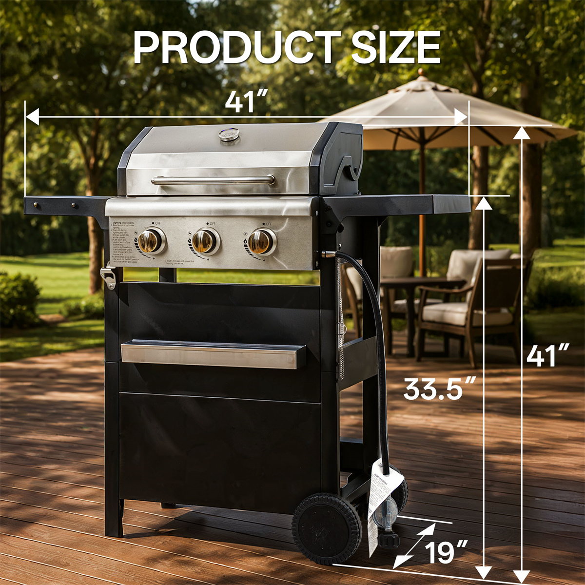 YIORTWO 3 Burner Propane Gas Grill with Cover, 27,000 BTU Outdoor BBQ with Stainless Steel Lid & Storage Cabinet, Portable for Patio & Camping - VANELC