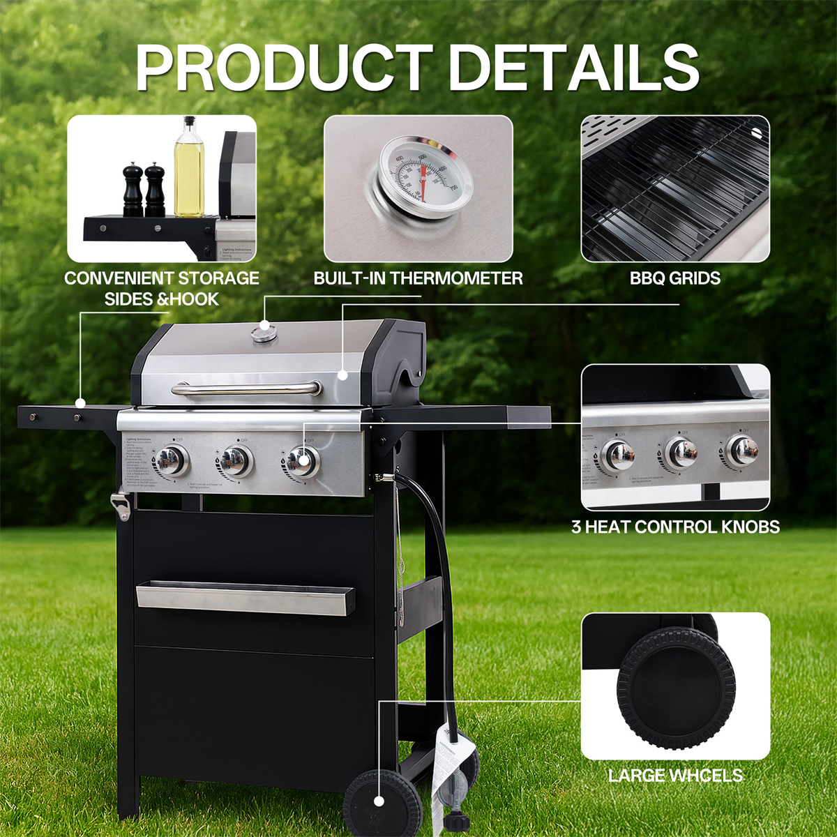 YIORTWO 3 Burner Propane Gas Grill with Cover, 27,000 BTU Outdoor BBQ with Stainless Steel Lid & Storage Cabinet, Portable for Patio & Camping - VANELC