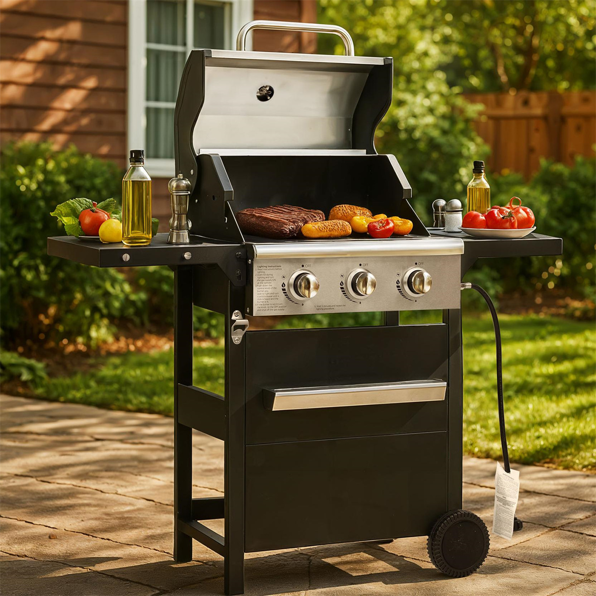 YIORTWO 3 Burner Propane Gas Grill with Cover, 27,000 BTU Outdoor BBQ with Stainless Steel Lid & Storage Cabinet, Portable for Patio & Camping - VANELC