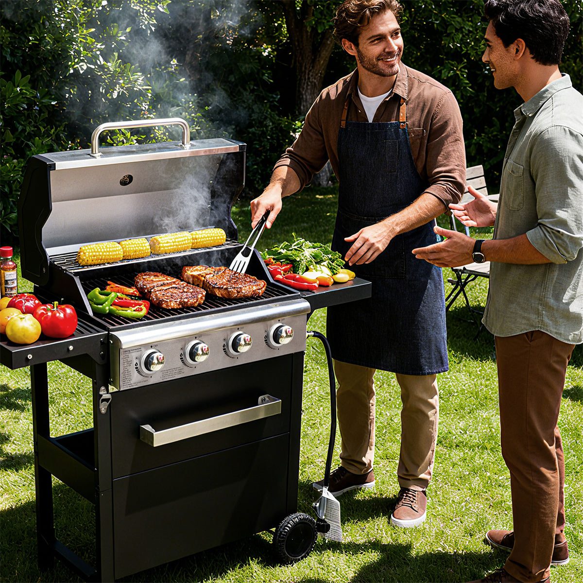 YIORTWO 4 Burner Propane Gas Grill with Cover, 36,000 BTU Outdoor BBQ with Stainless Steel Lid & Storage Cabinet, Portable for Patio & Camping - VANELC