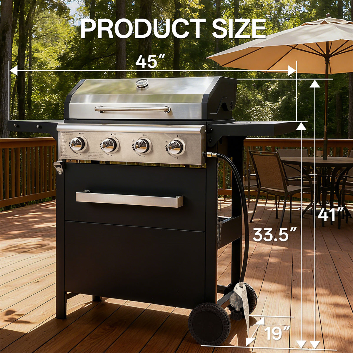 YIORTWO 4 Burner Propane Gas Grill with Cover, 36,000 BTU Outdoor BBQ with Stainless Steel Lid & Storage Cabinet, Portable for Patio & Camping - VANELC