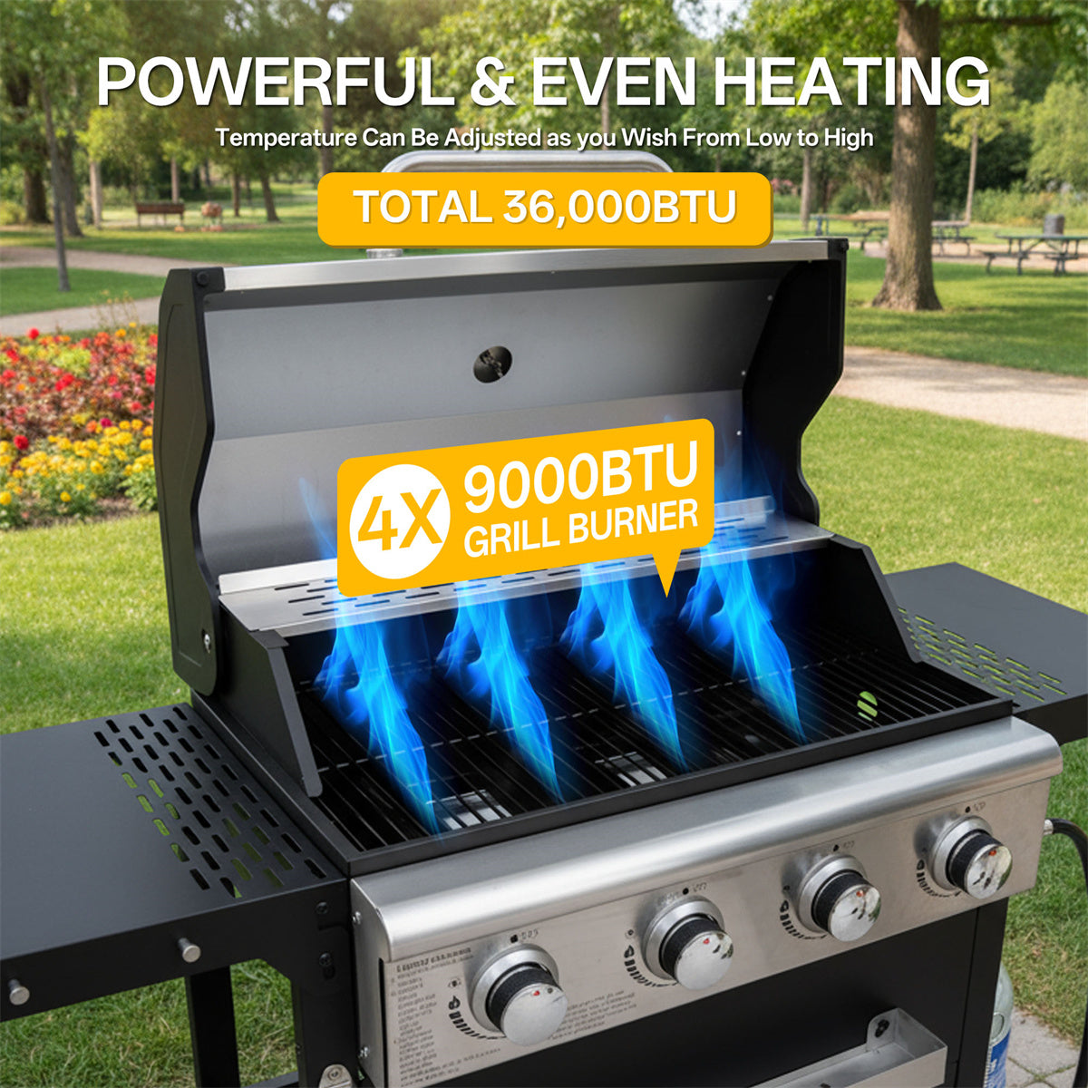 YIORTWO 4 Burner Propane Gas Grill with Cover, 36,000 BTU Outdoor BBQ with Stainless Steel Lid & Storage Cabinet, Portable for Patio & Camping - VANELC