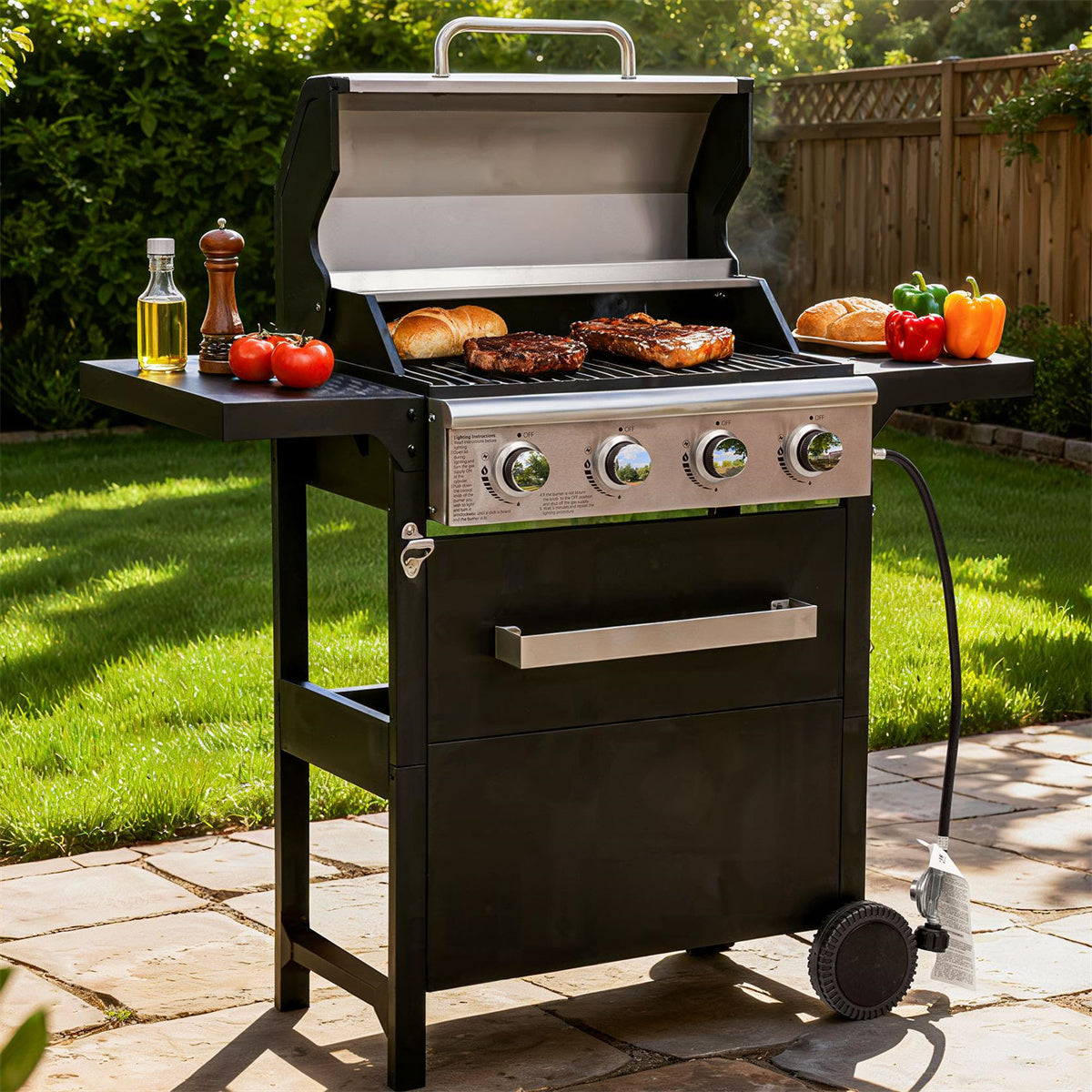 YIORTWO 4 Burner Propane Gas Grill with Cover, 36,000 BTU Outdoor BBQ with Stainless Steel Lid & Storage Cabinet, Portable for Patio & Camping - VANELC