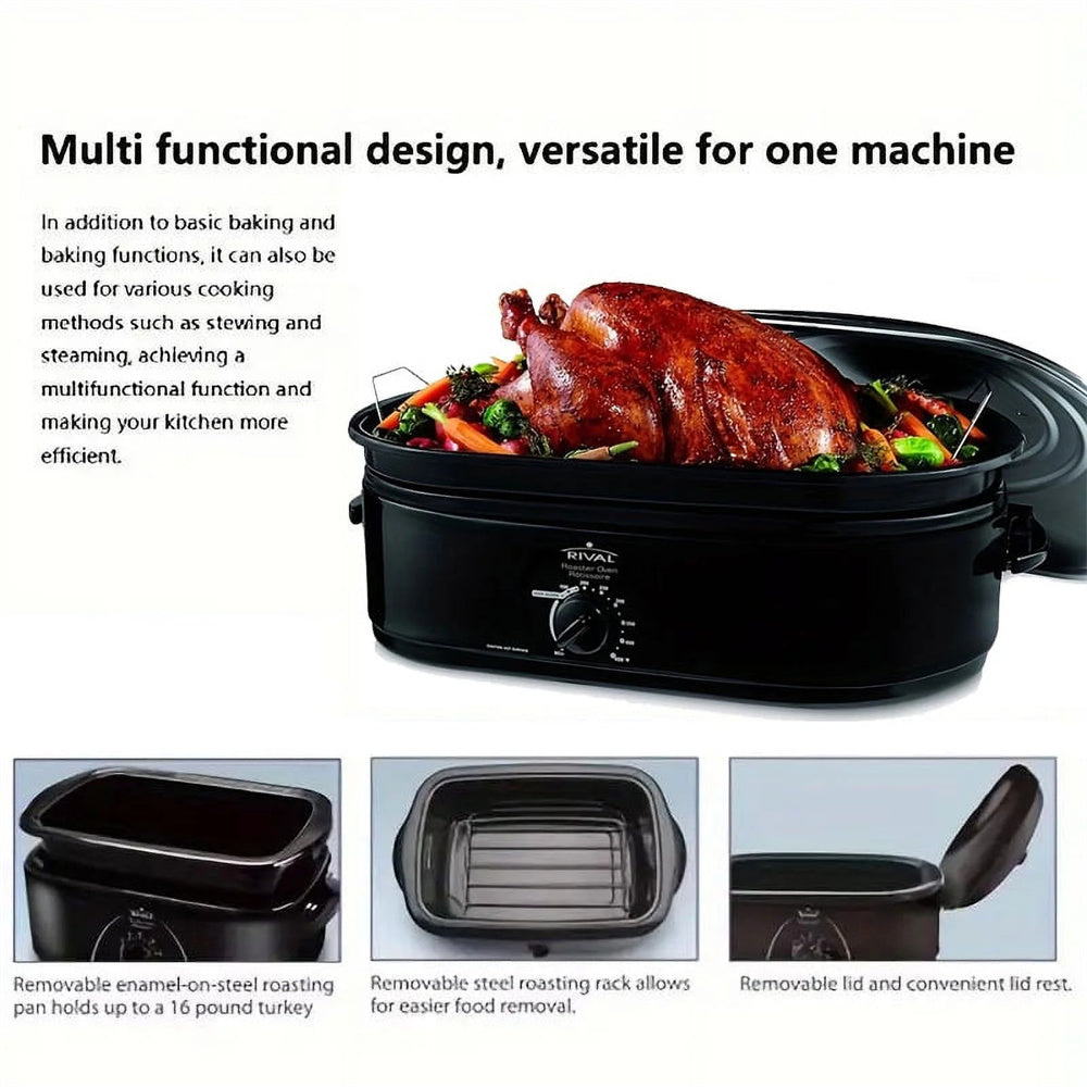 16 Quart Electric Roaster Oven with High-Dome Lid, Electric Turkey Roaster with Defrost/Warm Function, Removable Pan & Rack, Stainless Steel, Black - VANELC