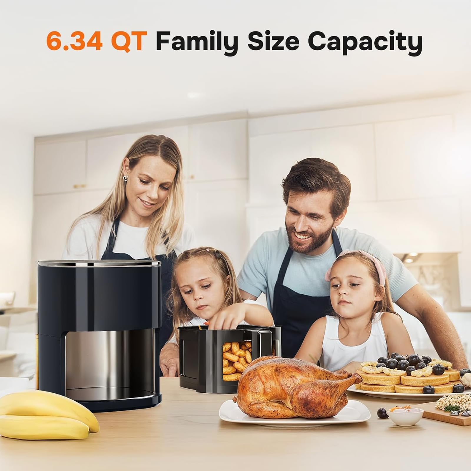 Plum Chef 6.3-Quart Air Fryer with Viewing Window, 12-in-1 Digital Touchscreen Cooker, Square Non-Stick Basket, 400°F, Black - VANELC