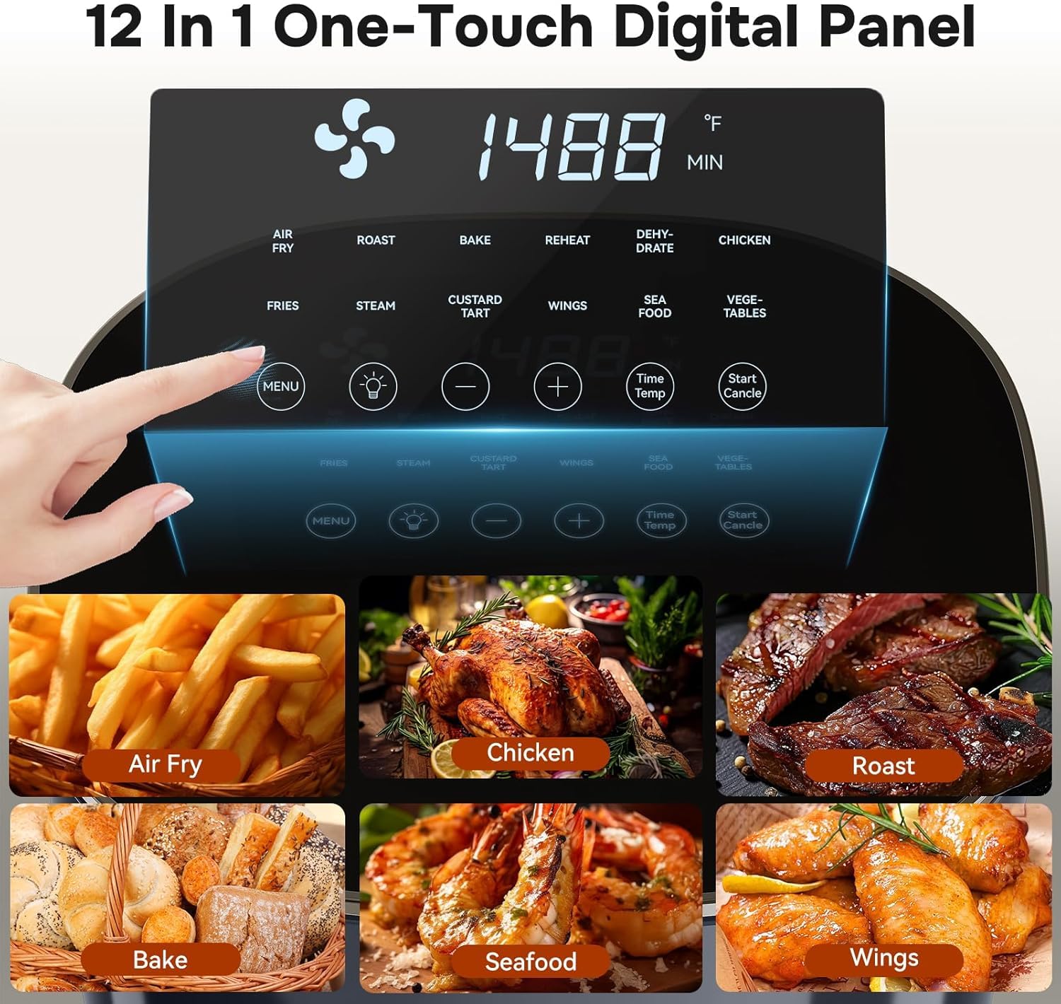 Plum Chef 6.3-Quart Air Fryer with Viewing Window, 12-in-1 Digital Touchscreen Cooker, Square Non-Stick Basket, 400°F, Black - VANELC
