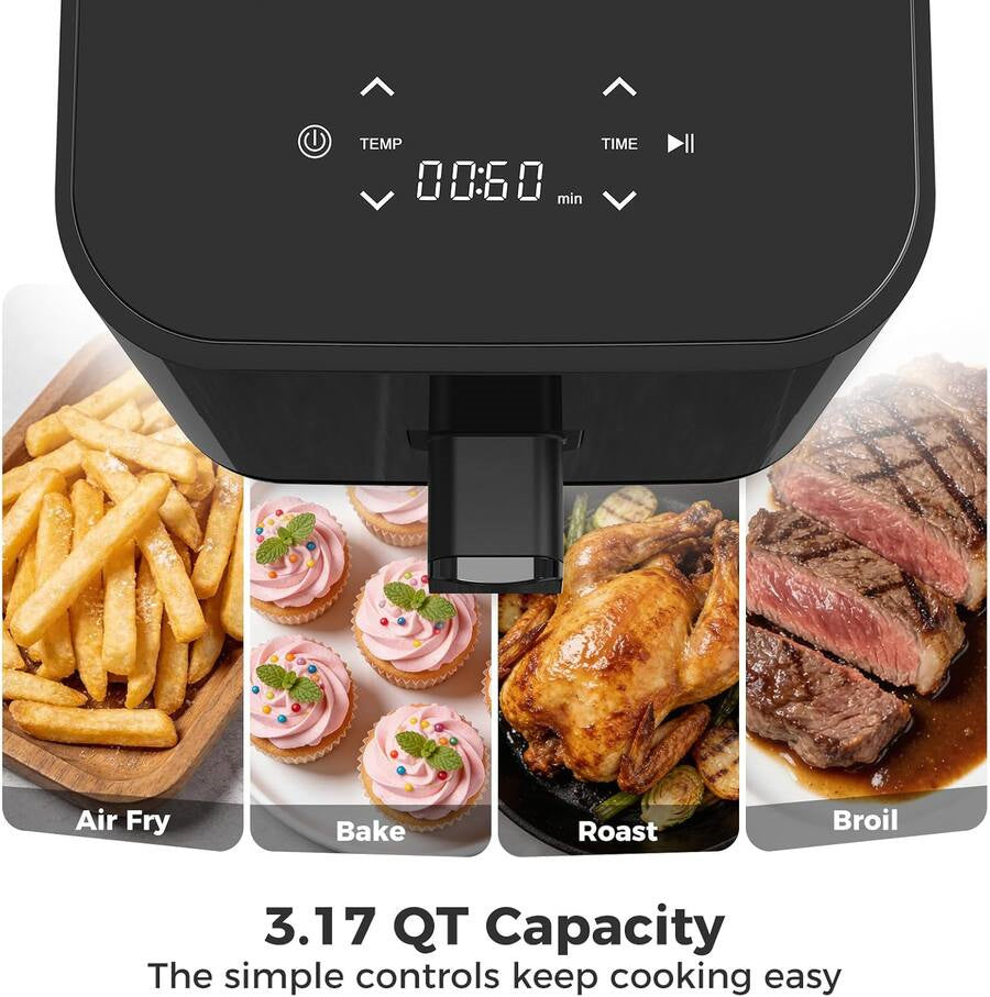 Plum Chef 3QT Compact Air Fryer - 800W Digital Touch Panel, Small Countertop Airfryer for 1–2, Black - VANELC