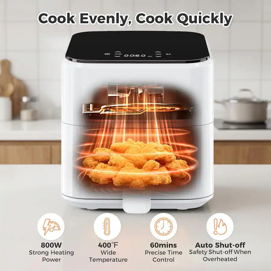 Plum Chef 3QT Compact Air Fryer - 800W Digital Touch Panel, Small Countertop Airfryer for 1–2, White - VANELC