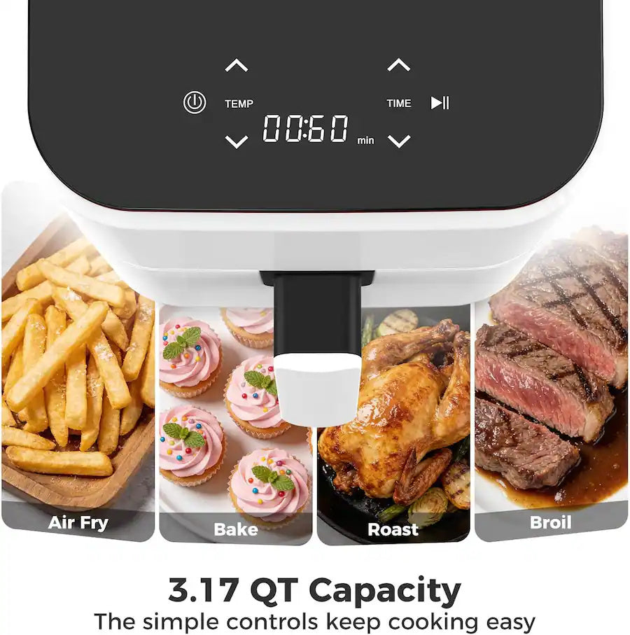 Plum Chef 3QT Compact Air Fryer - 800W Digital Touch Panel, Small Countertop Airfryer for 1–2, White - VANELC