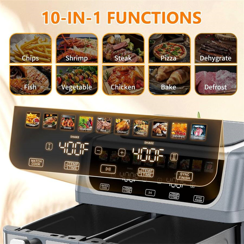 Plum Chef 9QT Dual Basket Air Fryer Oven, 2 Independent Nonstick Baskets with Sync Finish, Digital Touch Screen, 450°F, Shake Reminder, Auto Shutoff, Silver - VANELC