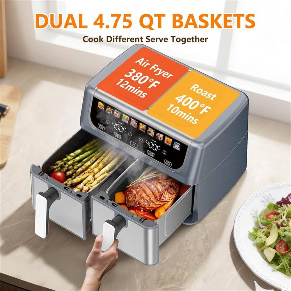 Plum Chef 9QT Dual Basket Air Fryer Oven, 2 Independent Nonstick Baskets with Sync Finish, Digital Touch Screen, 450°F, Shake Reminder, Auto Shutoff, Silver - VANELC