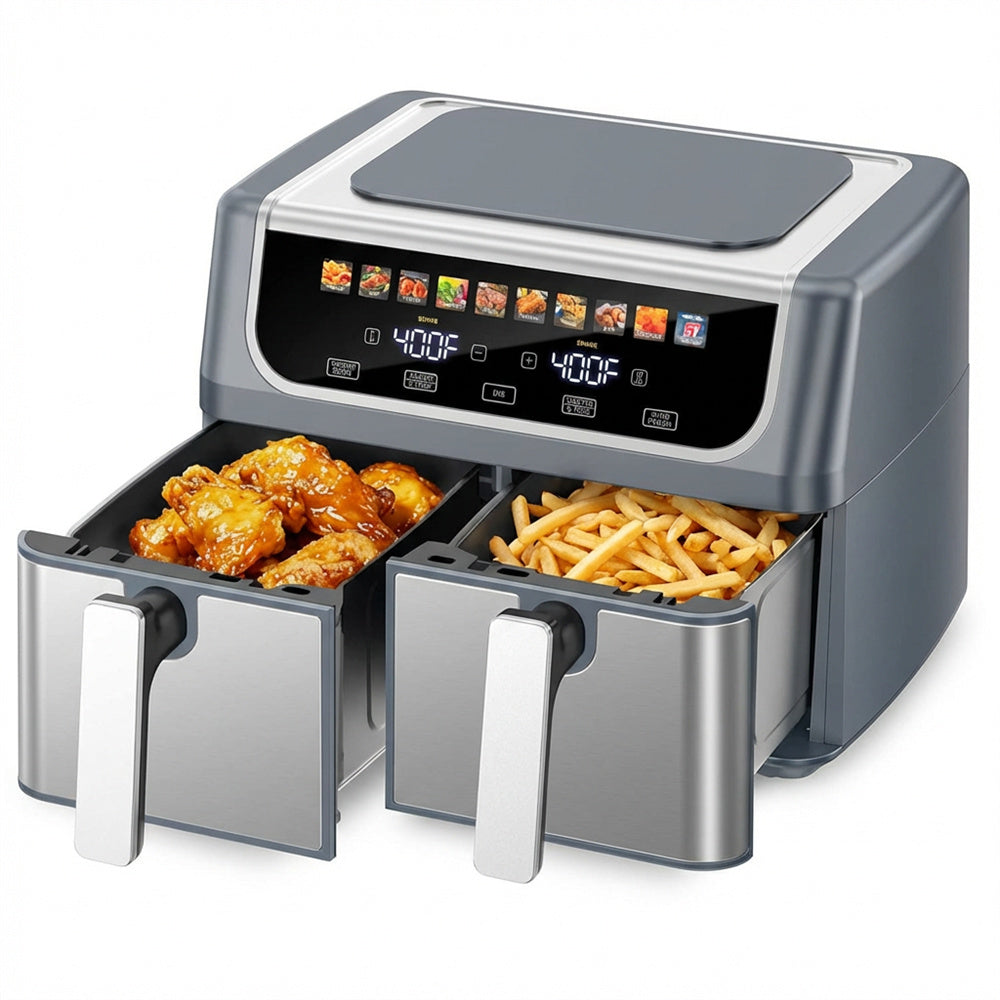 Plum Chef 9QT Dual Basket Air Fryer Oven, 2 Independent Nonstick Baskets with Sync Finish, Digital Touch Screen, 450°F, Shake Reminder, Auto Shutoff, Silver - VANELC