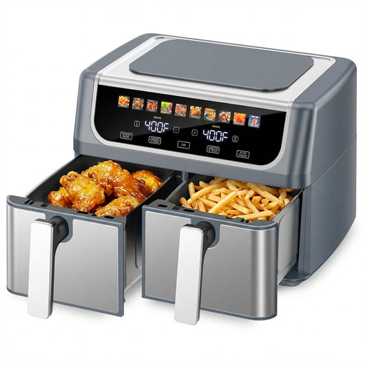 Plum Chef 9QT Dual Basket Air Fryer Oven, 2 Independent Nonstick Baskets with Sync Finish, Digital Touch Screen, 450°F, Shake Reminder, Auto Shutoff, Silver - VANELC