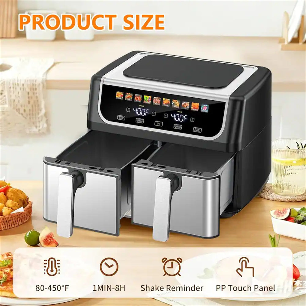 Plum Chef 9QT Dual Basket Air Fryer Oven, 2 Independent Nonstick Baskets with Sync Finish, Digital Touch Screen, 450°F, Shake Reminder, Auto Shutoff, Black - VANELC