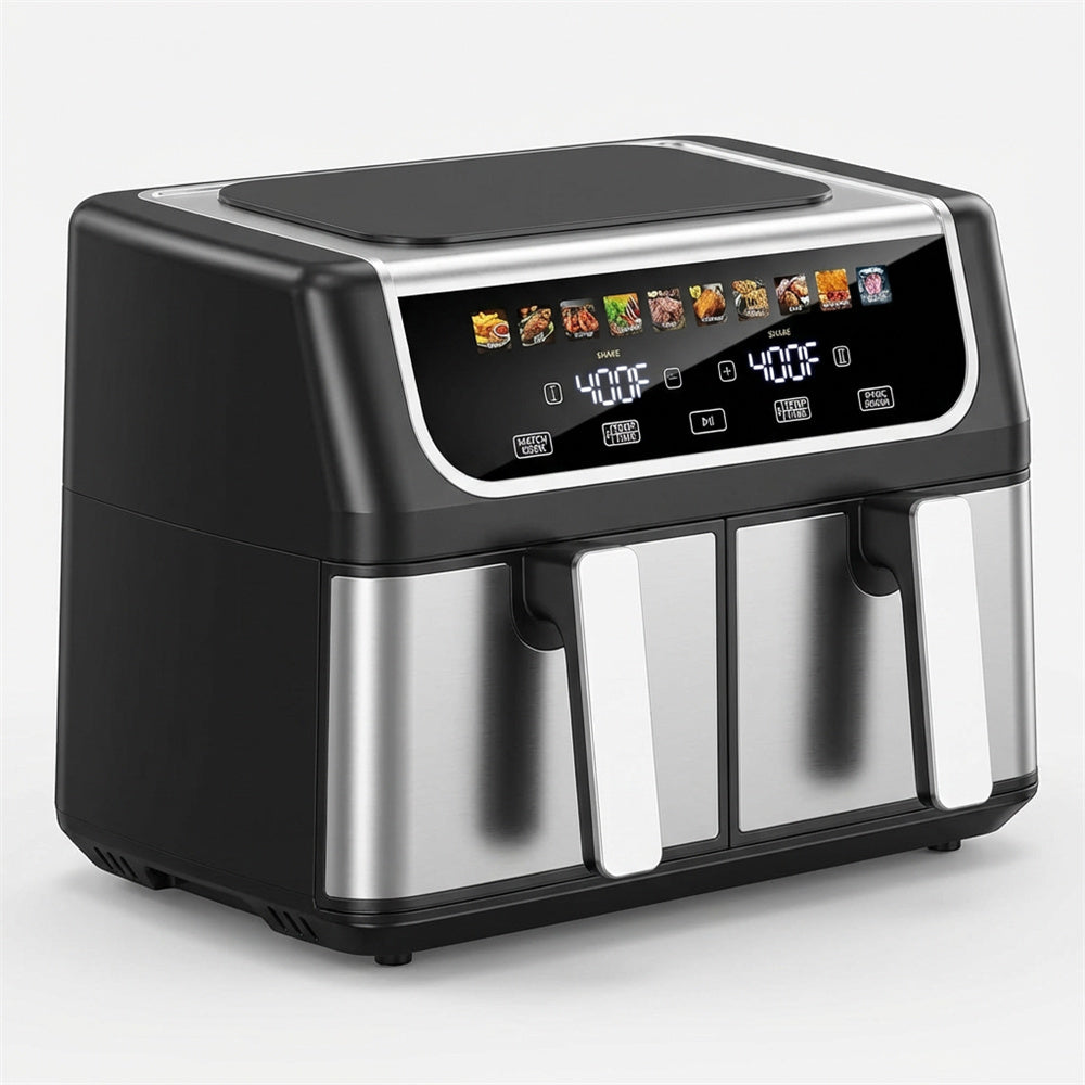 Plum Chef 9QT Dual Basket Air Fryer Oven, 2 Independent Nonstick Baskets with Sync Finish, Digital Touch Screen, 450°F, Shake Reminder, Auto Shutoff, Black - VANELC