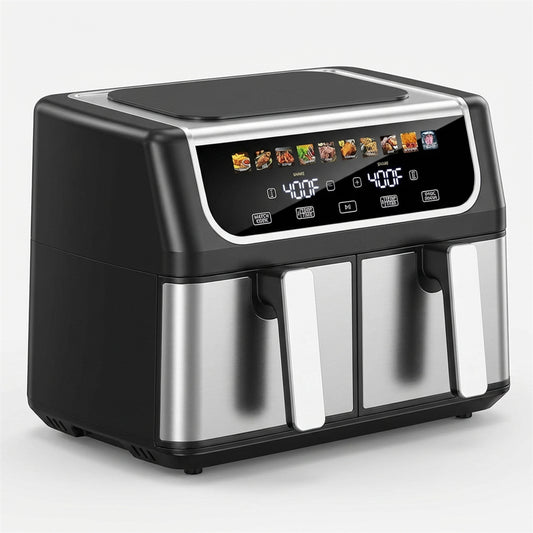 Plum Chef 9QT Dual Basket Air Fryer Oven, 2 Independent Nonstick Baskets with Sync Finish, Digital Touch Screen, 450°F, Shake Reminder, Auto Shutoff, Black - VANELC