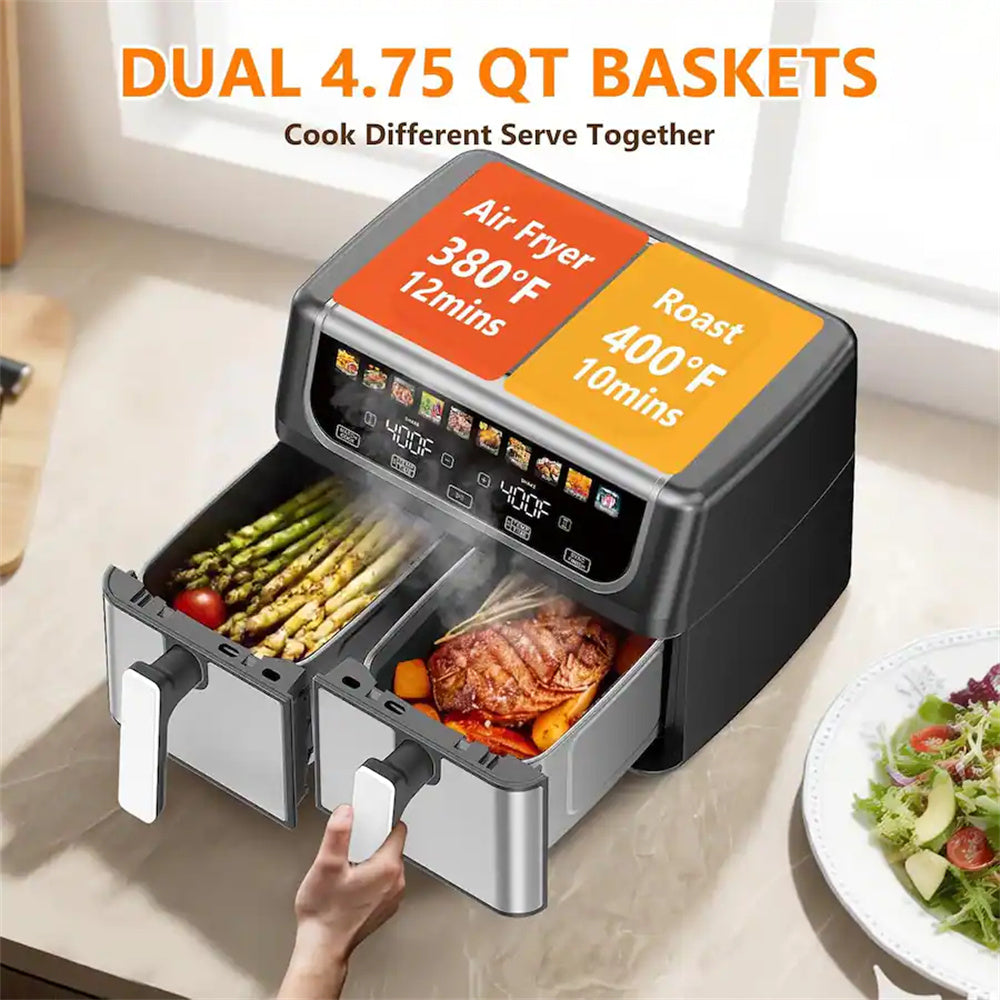 Plum Chef 9QT Dual Basket Air Fryer Oven, 2 Independent Nonstick Baskets with Sync Finish, Digital Touch Screen, 450°F, Shake Reminder, Auto Shutoff, Black - VANELC