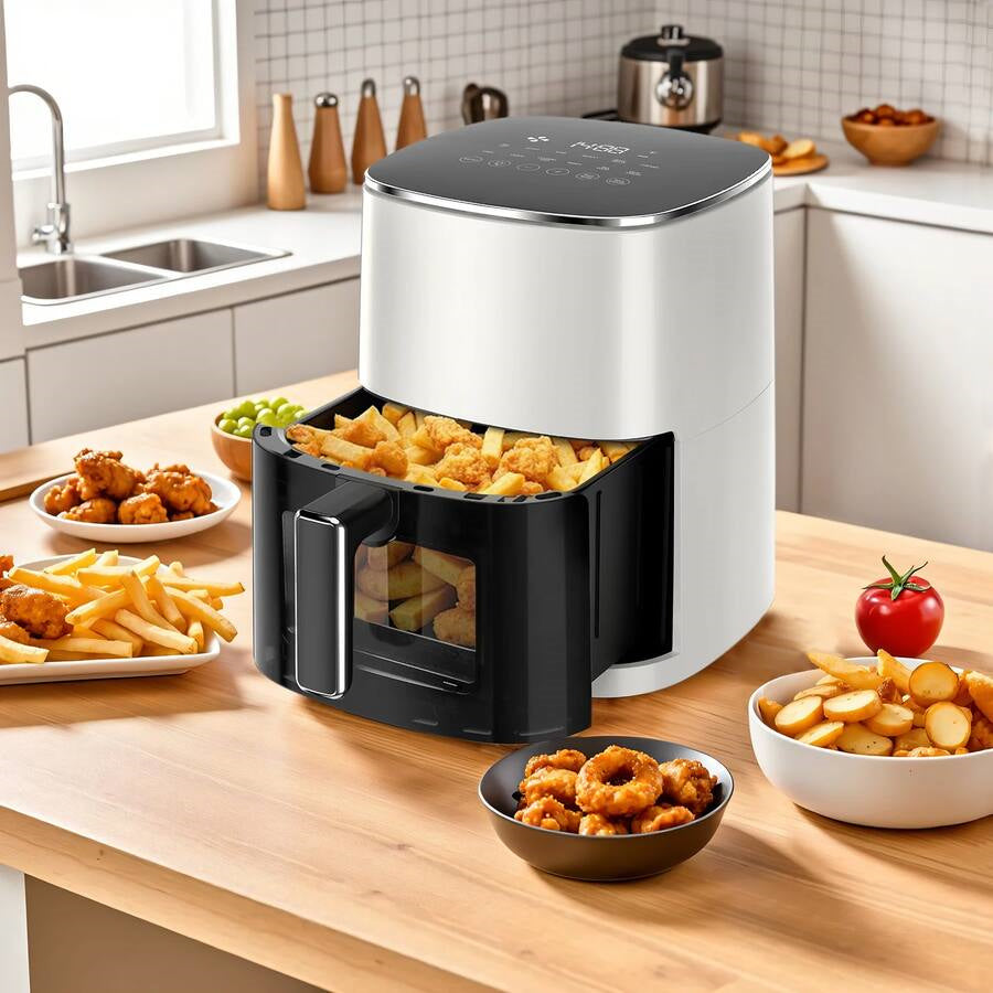 Plum Chef 6.3-Quart Air Fryer with Viewing Window, 12-in-1 Digital Touchscreen Cooker, Square Non-Stick Basket, 400°F, Beige - VANELC