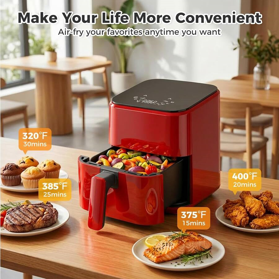 Plum Chef 3QT Compact Air Fryer - 800W Digital Touch Panel, Small Countertop Airfryer for 1–2, Red - VANELC