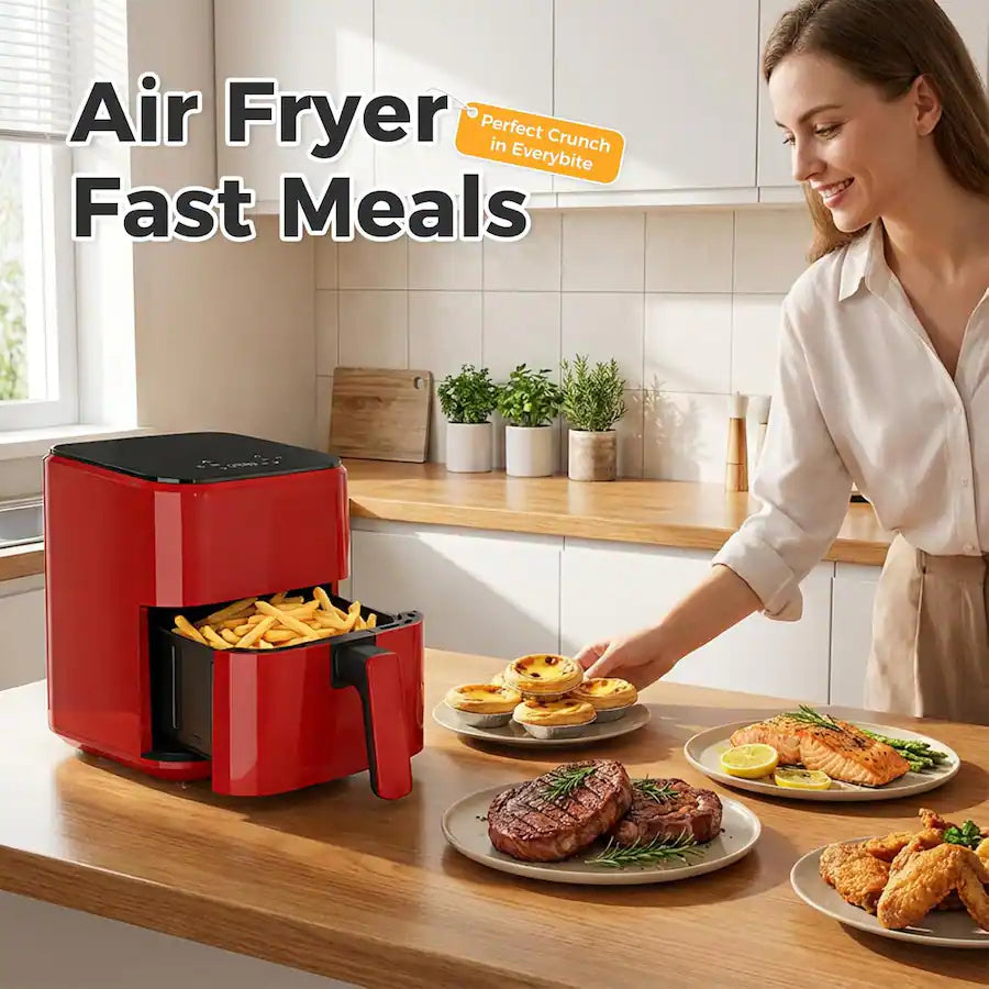 Plum Chef 3QT Compact Air Fryer - 800W Digital Touch Panel, Small Countertop Airfryer for 1–2, Red - VANELC