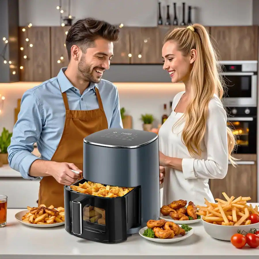 Plum Chef 6.3-Quart Air Fryer with Viewing Window, 12-in-1 Digital Touchscreen Cooker, Square Non-Stick Basket, 400°F, Gray - VANELC