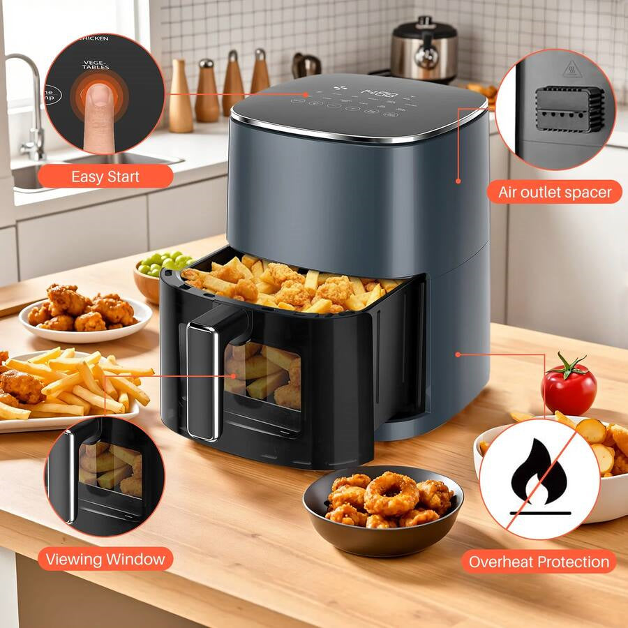 Plum Chef 6.3-Quart Air Fryer with Viewing Window, 12-in-1 Digital Touchscreen Cooker, Square Non-Stick Basket, 400°F, Gray - VANELC