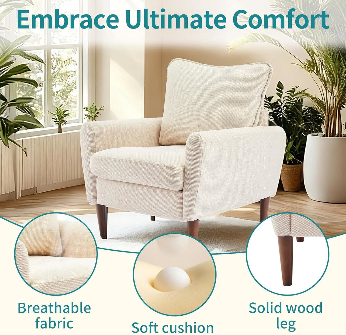 YIORTWO Accent Chair, Modern Upholstered Comfy Sofa Chairs, Single Leisure Sofa with Cushioned Seat, Ergonomic Design, High-Density Foam, Wooden Legs, Sturdy Metal Frame, 380 lbs Capacity, Beige