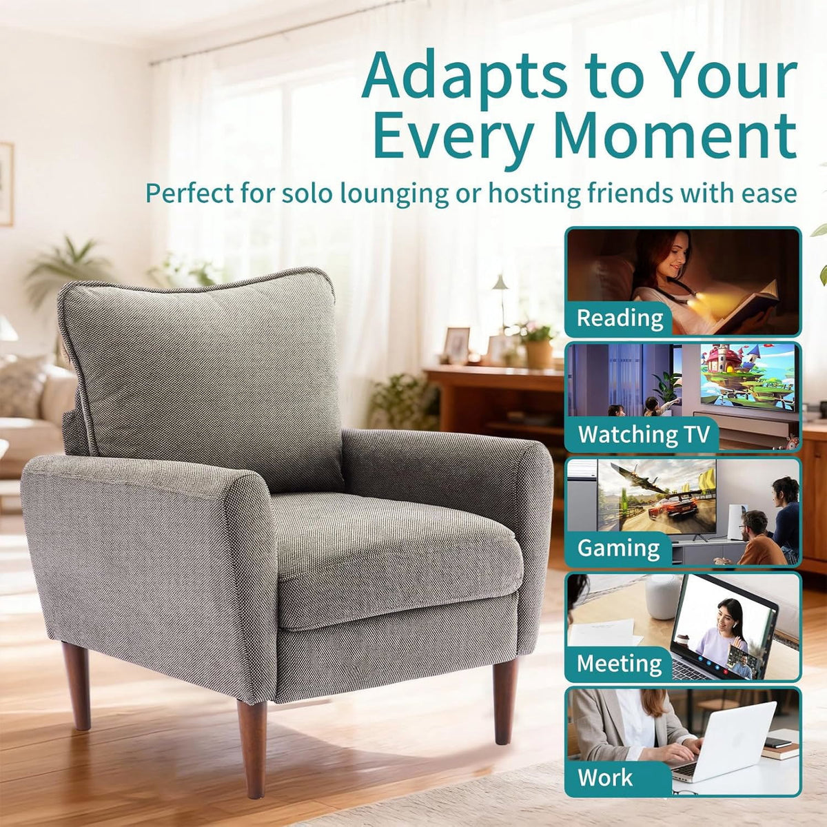 YIORTWO Accent Chair, Modern Upholstered Comfy Sofa Chairs, Single Leisure Sofa with Cushioned Seat, Ergonomic Design, High-Density Foam, Wooden Legs, Sturdy Metal Frame, 380 lbs Capacity, Gray