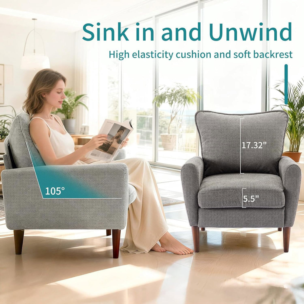 YIORTWO Accent Chair, Modern Upholstered Comfy Sofa Chairs, Single Leisure Sofa with Cushioned Seat, Ergonomic Design, High-Density Foam, Wooden Legs, Sturdy Metal Frame, 380 lbs Capacity, Gray