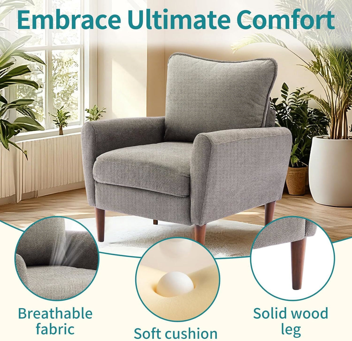 YIORTWO Accent Chair, Modern Upholstered Comfy Sofa Chairs, Single Leisure Sofa with Cushioned Seat, Ergonomic Design, High-Density Foam, Wooden Legs, Sturdy Metal Frame, 380 lbs Capacity, Gray