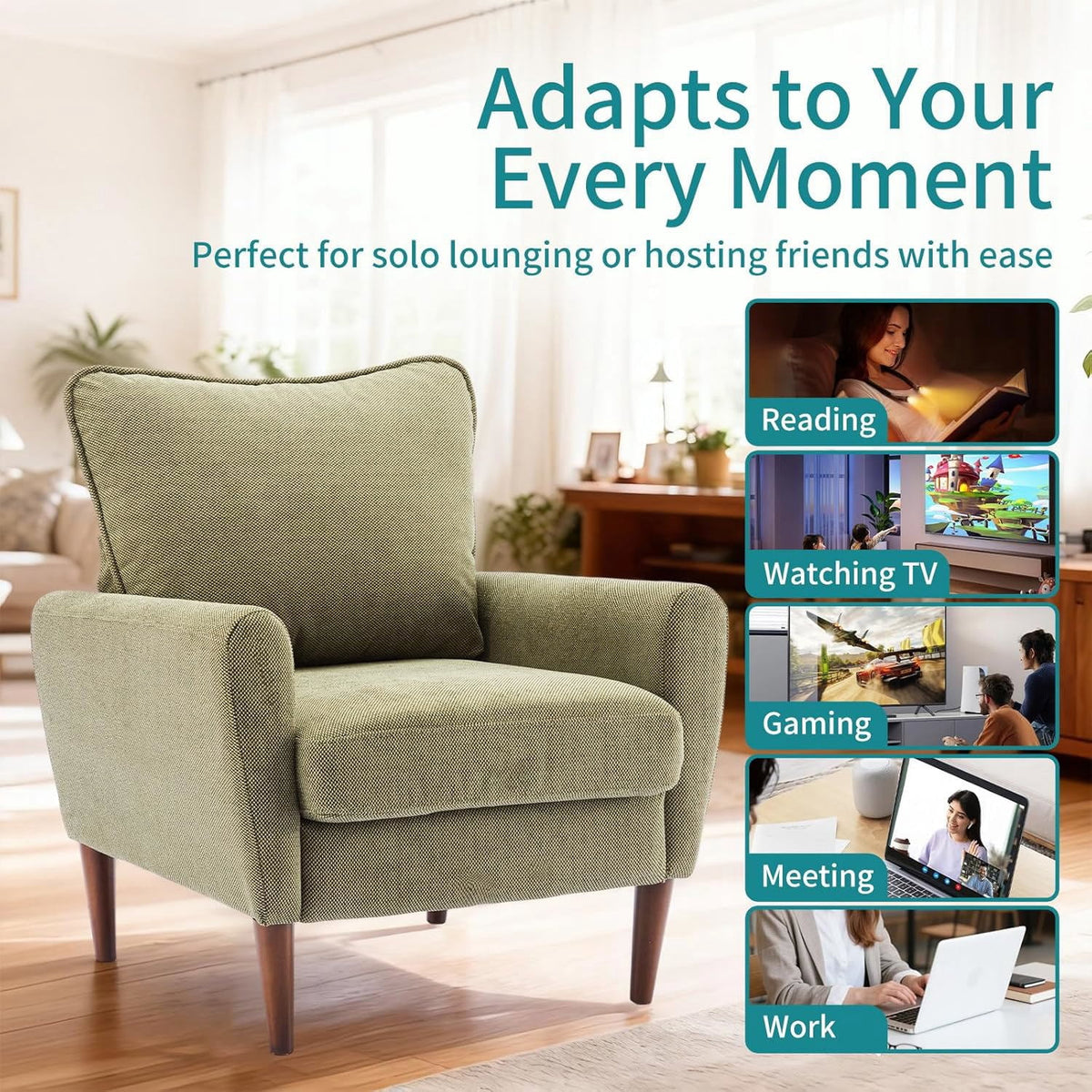 YIORTWO Accent Chair, Modern Upholstered Comfy Sofa Chairs, Single Leisure Sofa with Cushioned Seat, Ergonomic Design, High-Density Foam, Wooden Legs, Sturdy Metal Frame, 380 lbs Capacity, Green