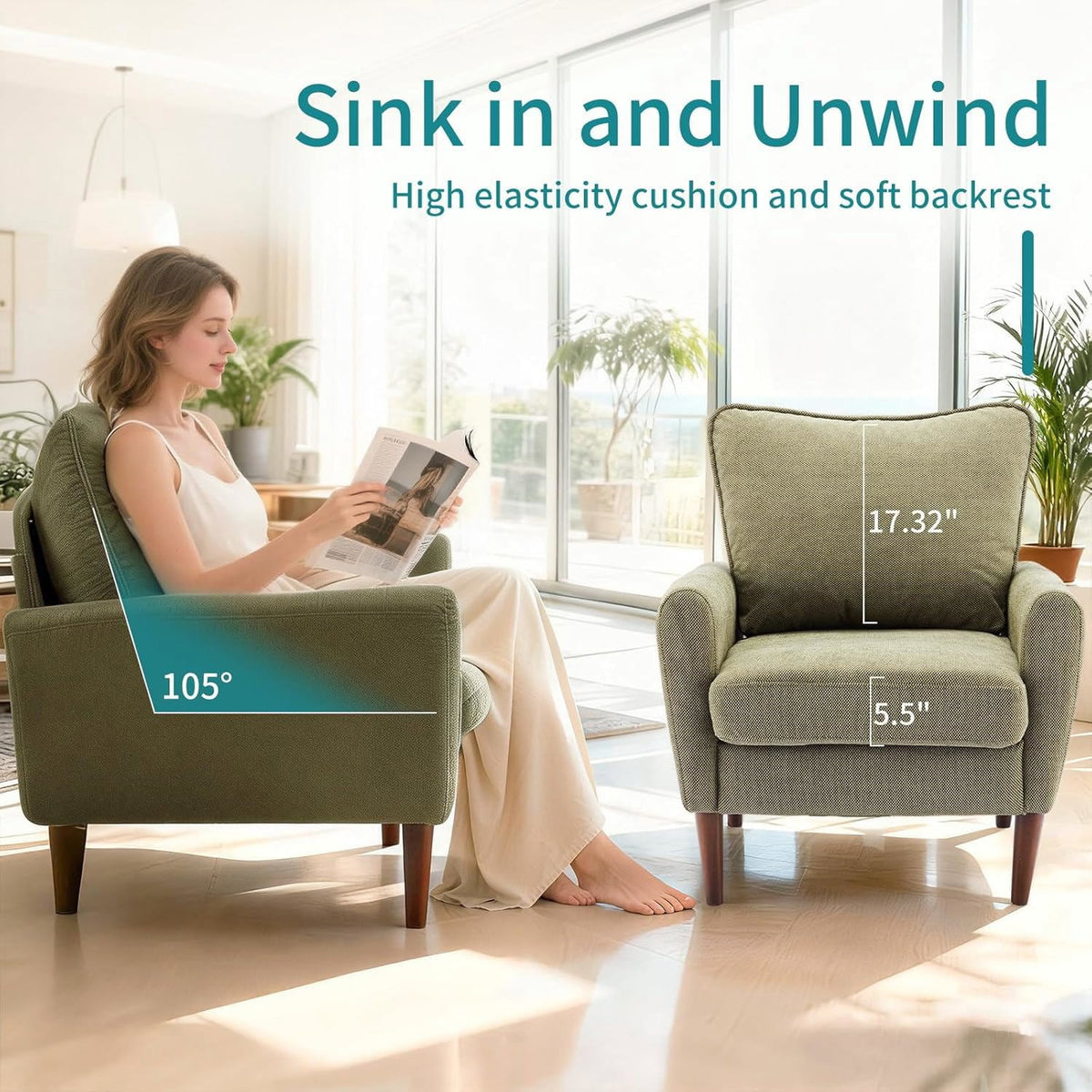 YIORTWO Accent Chair, Modern Upholstered Comfy Sofa Chairs, Single Leisure Sofa with Cushioned Seat, Ergonomic Design, High-Density Foam, Wooden Legs, Sturdy Metal Frame, 380 lbs Capacity, Green