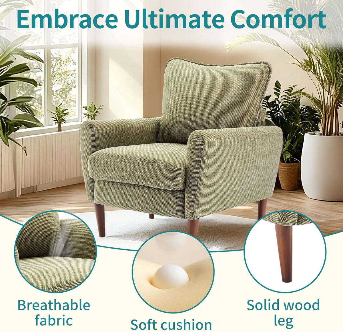 YIORTWO Accent Chair, Modern Upholstered Comfy Sofa Chairs, Single Leisure Sofa with Cushioned Seat, Ergonomic Design, High-Density Foam, Wooden Legs, Sturdy Metal Frame, 380 lbs Capacity, Green