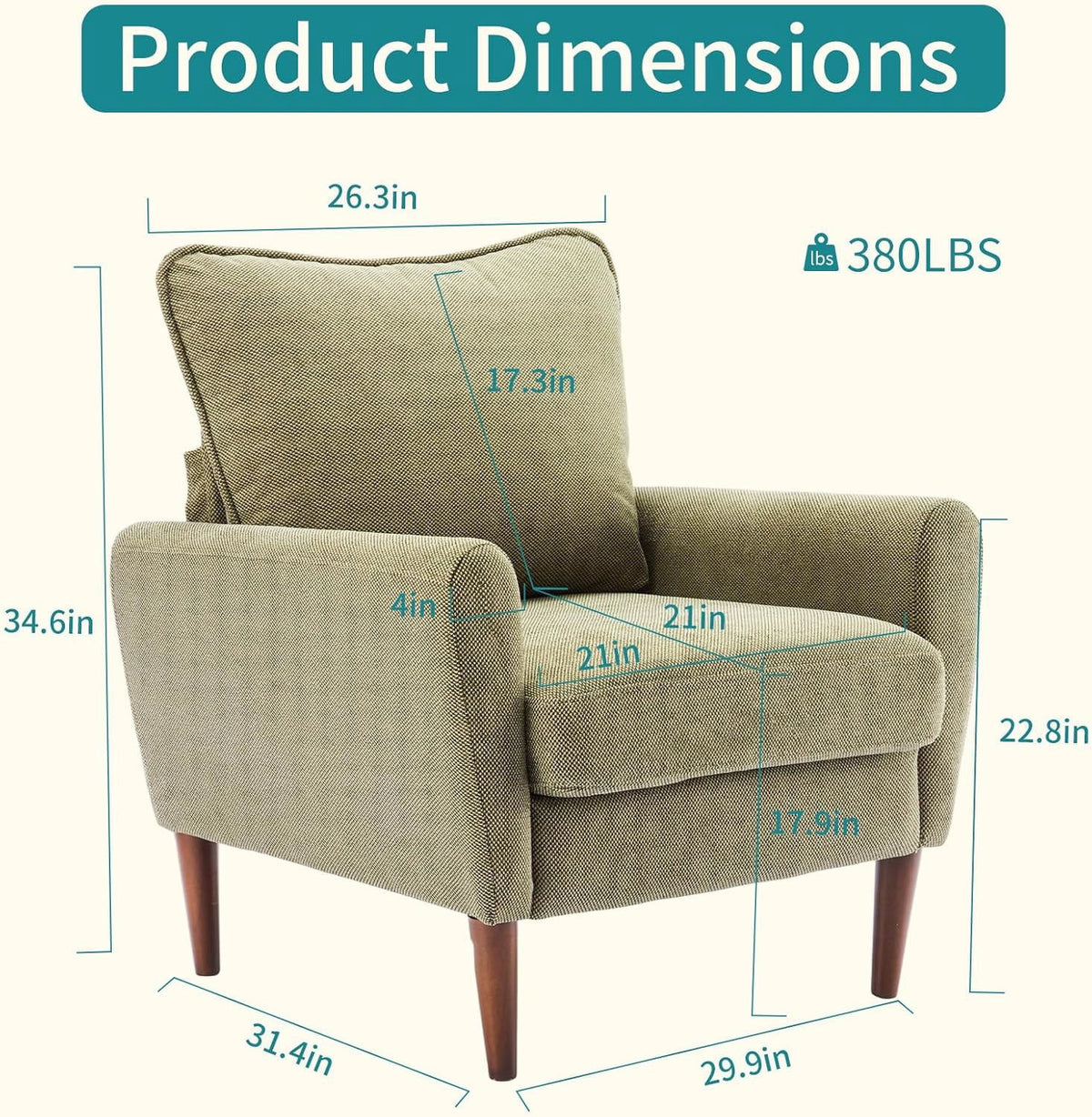 YIORTWO Accent Chair, Modern Upholstered Comfy Sofa Chairs, Single Leisure Sofa with Cushioned Seat, Ergonomic Design, High-Density Foam, Wooden Legs, Sturdy Metal Frame, 380 lbs Capacity, Green
