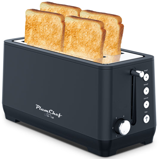 Plum Chef 4 Slice Toaster, Long Extra-Wide Slots for Bagels & Waffles, 6 Browning Levels, Bagel/Stop/Defrost/Reheat Functions & Removable Tray, Kitchen Gadgets, Stainless Steel, Black - VANELC