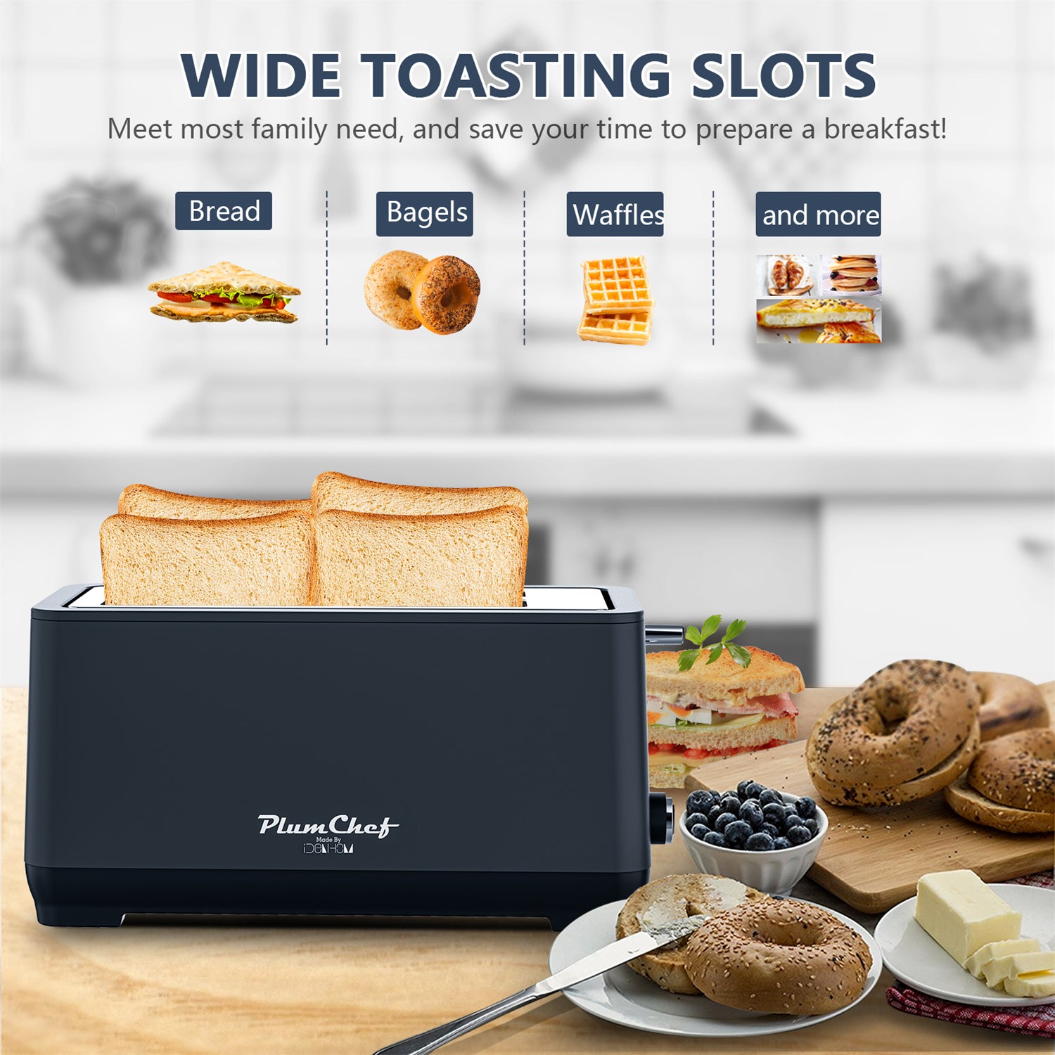 Plum Chef 4 Slice Toaster, Long Extra-Wide Slots for Bagels & Waffles, 6 Browning Levels, Bagel/Stop/Defrost/Reheat Functions & Removable Tray, Kitchen Gadgets, Stainless Steel, Black - VANELC