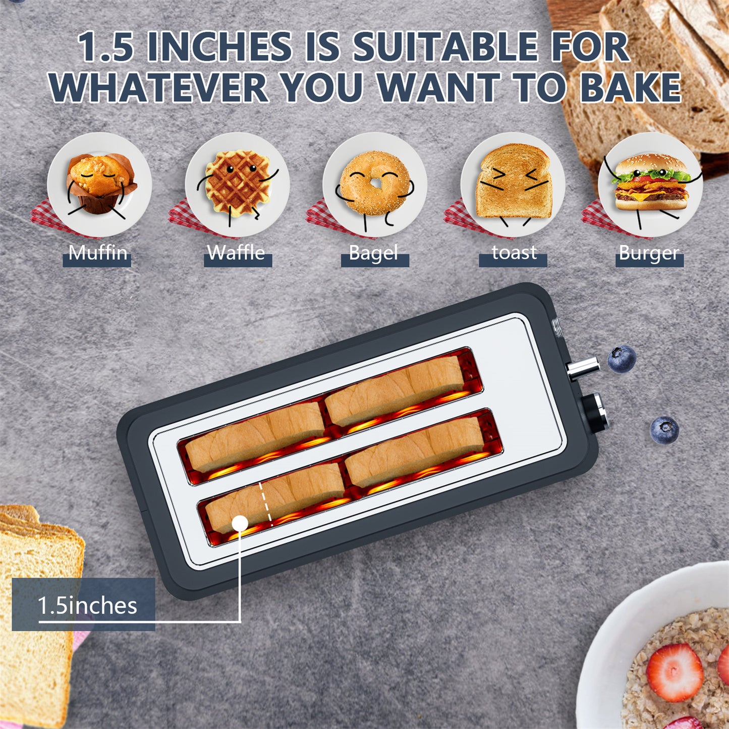 Plum Chef 4 Slice Toaster, Long Extra-Wide Slots for Bagels & Waffles, 6 Browning Levels, Bagel/Stop/Defrost/Reheat Functions & Removable Tray, Kitchen Gadgets, Stainless Steel, Black - VANELC