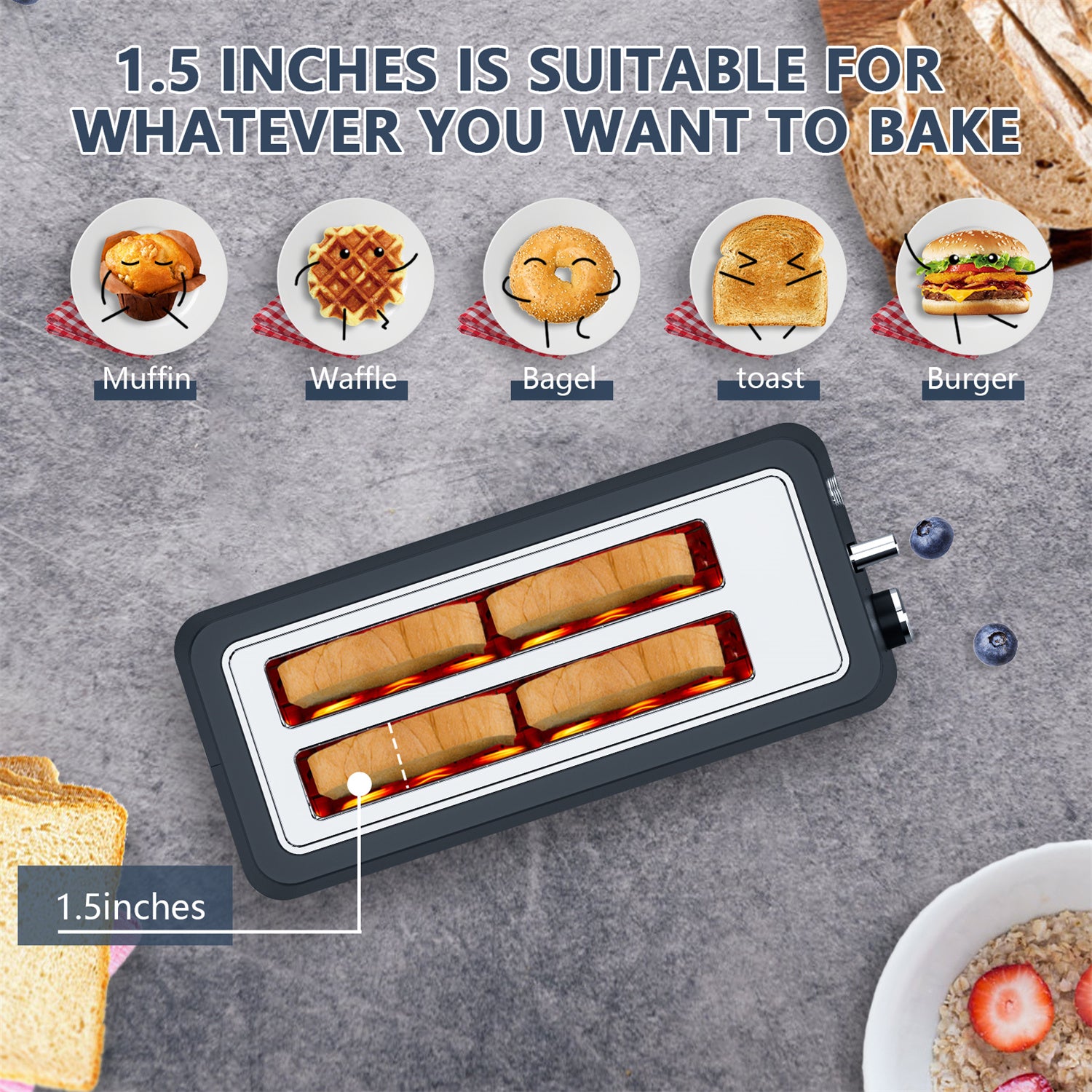 Plum Chef 4 Slice Toaster, Long Extra-Wide Slots for Bagels & Waffles, 6 Browning Levels, Bagel/Stop/Defrost/Reheat Functions & Removable Tray, Kitchen Gadgets, Stainless Steel, Black - VANELC