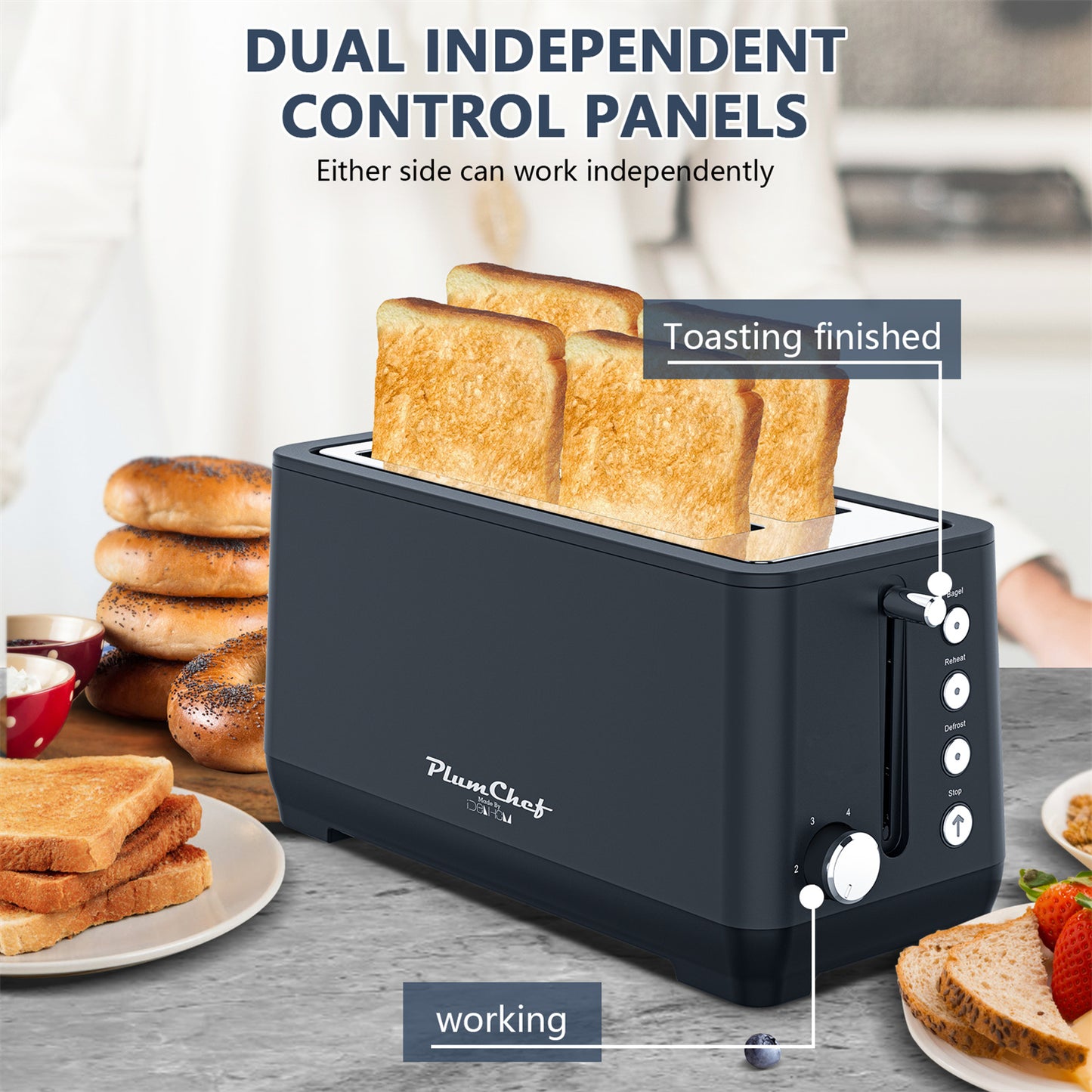 Plum Chef 4 Slice Toaster, Long Extra-Wide Slots for Bagels & Waffles, 6 Browning Levels, Bagel/Stop/Defrost/Reheat Functions & Removable Tray, Kitchen Gadgets, Stainless Steel, Black - VANELC