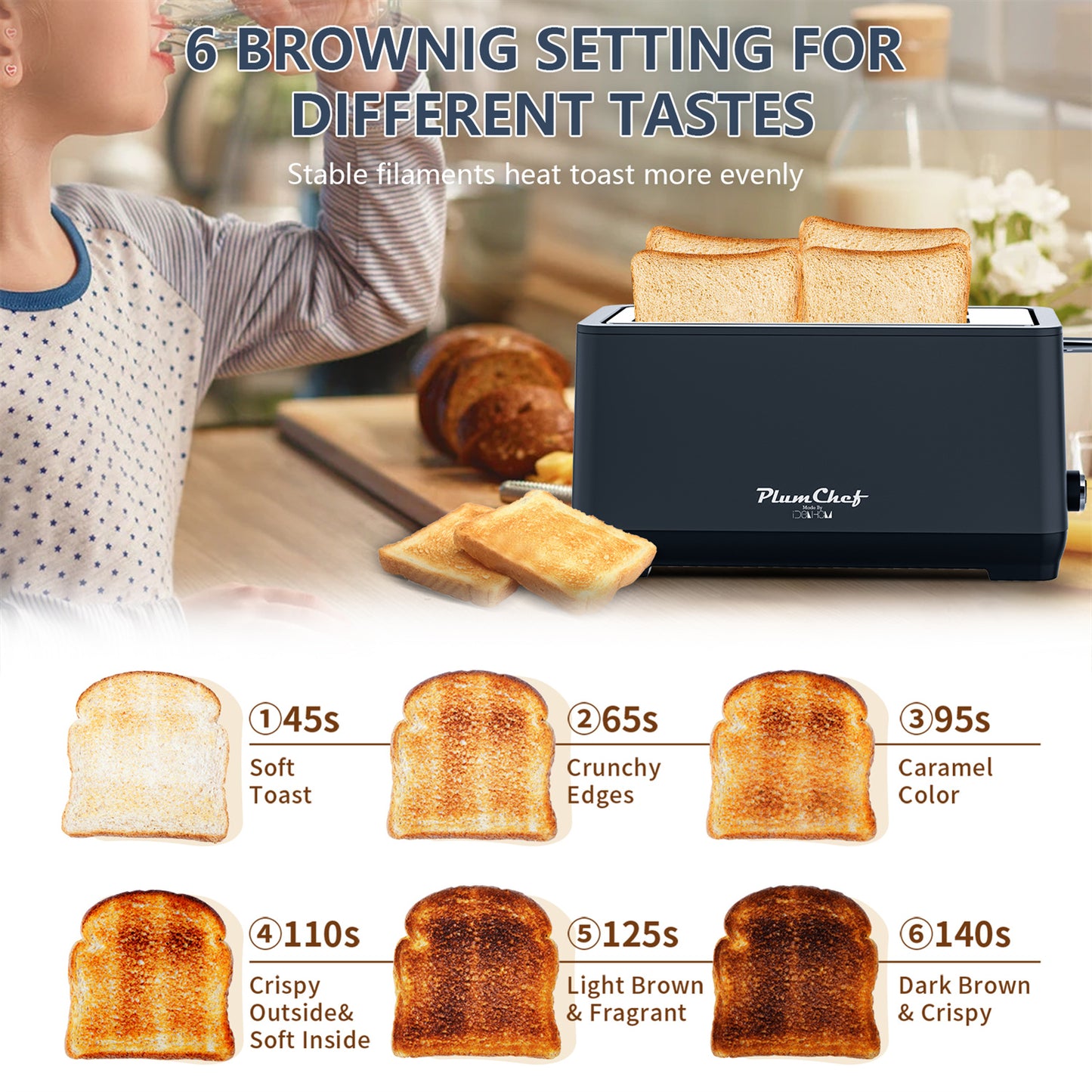 Plum Chef 4 Slice Toaster, Long Extra-Wide Slots for Bagels & Waffles, 6 Browning Levels, Bagel/Stop/Defrost/Reheat Functions & Removable Tray, Kitchen Gadgets, Stainless Steel, Black - VANELC